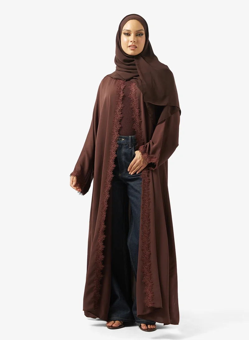 hayas closet Floral Lace Detailed Open Front V Neck Abaya